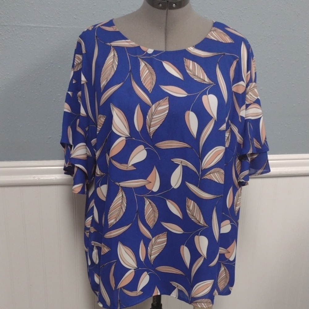 Liz Claiborne Blue and Tan Leaf Print Blouse Office Feminine Oversized
